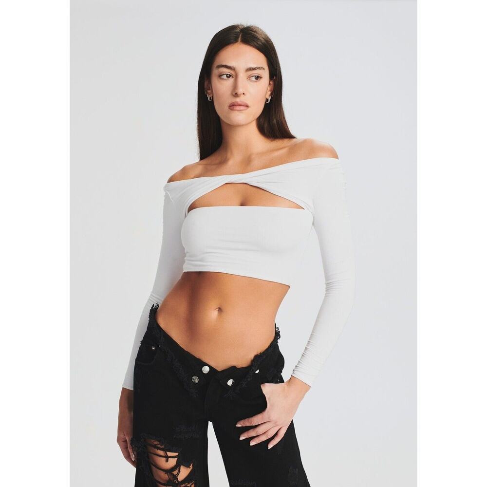 SER.O.YA Large Ellis Top White Cropped Twist Cream Cut Out Long Sleeves NWT